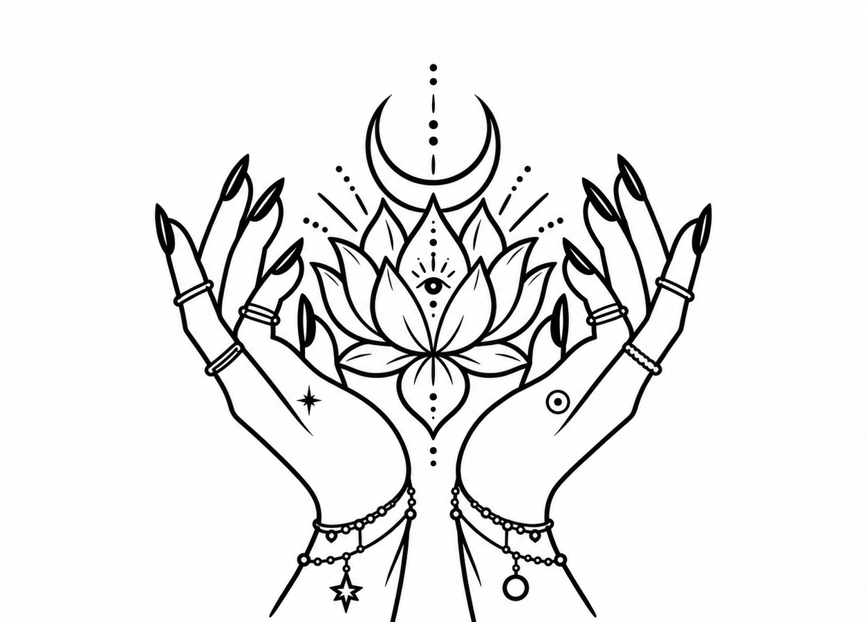Hands cradling a lotus and crescent moon